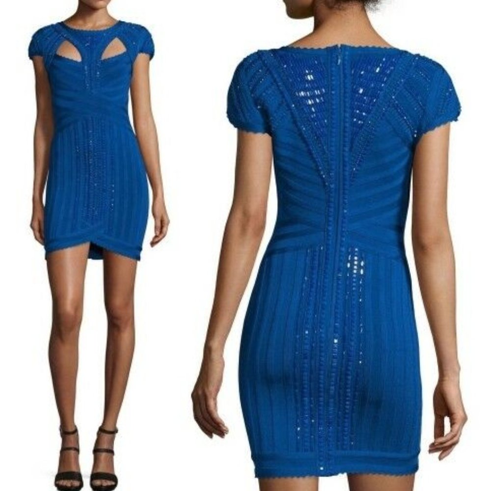 Herve Leger Cambnee Scalloped Saphire Beaded Dress